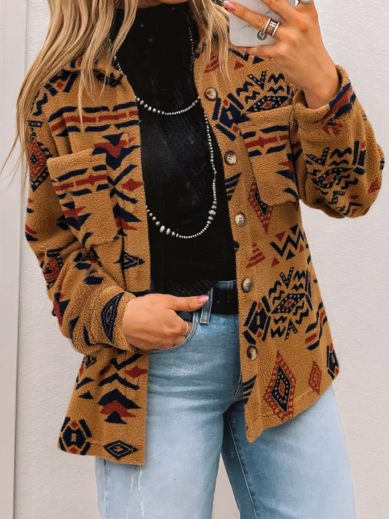 Western Aztec Pattern Fleece Button-Up Shacket