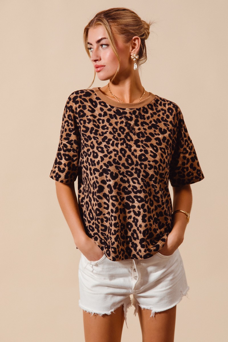 So Me Leopard Thermal Waffle Knit Loose Fit Top