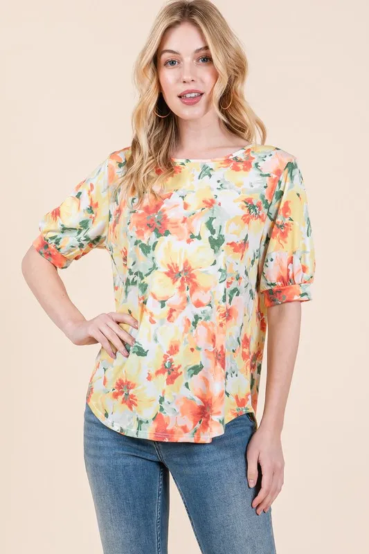 Bombom Floral Round Neck Puff Sleeve Top