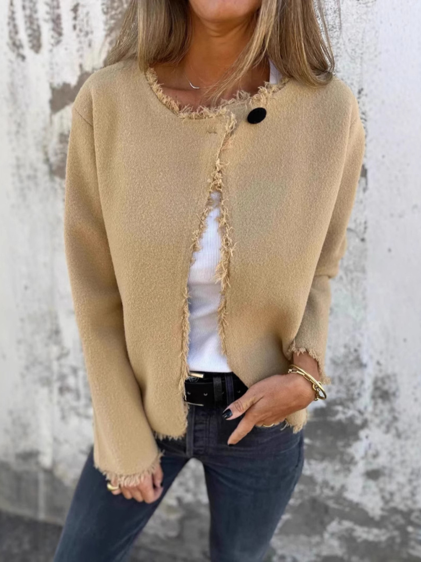 Full Size One Button Frayed Edge Cardigan Plus Size