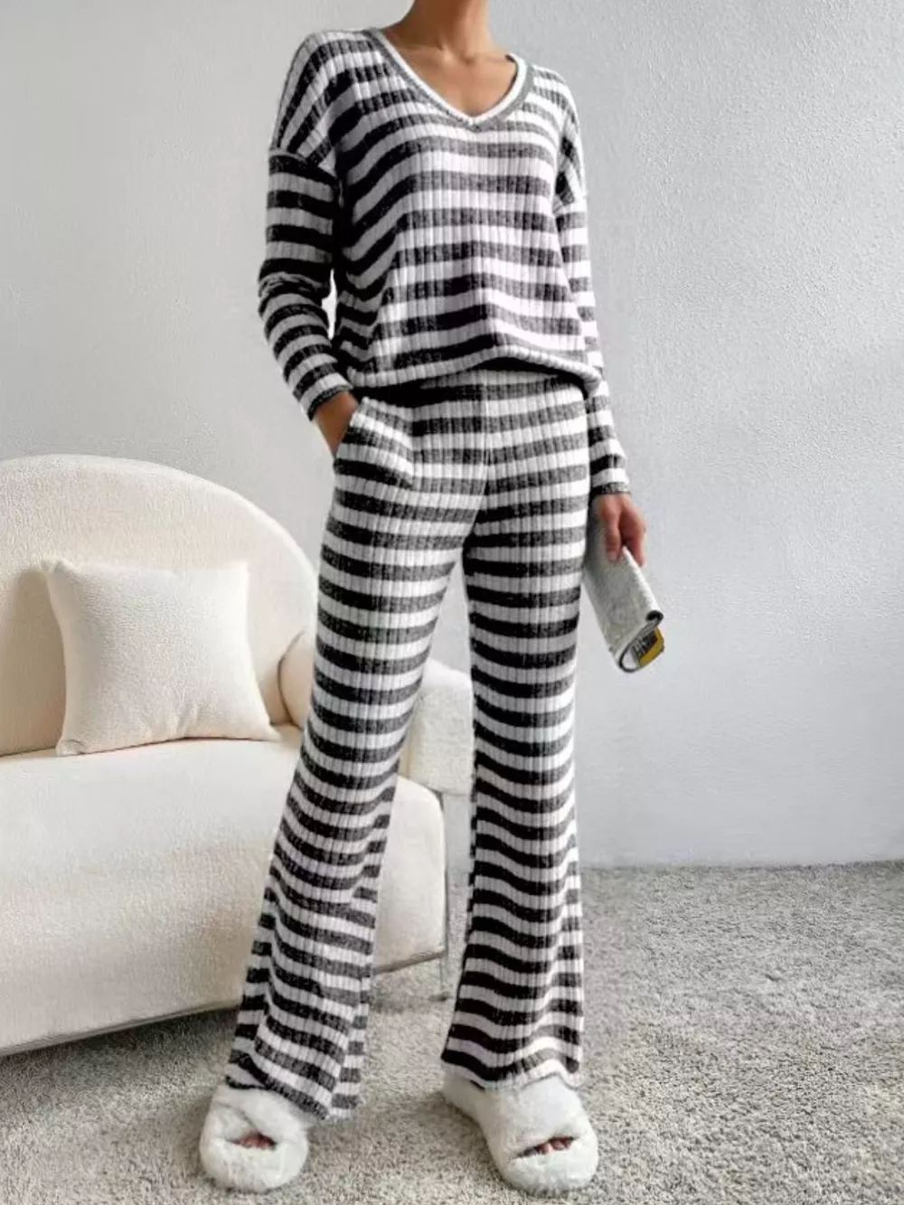 Striped Ribbed Knit Top and Pants Set