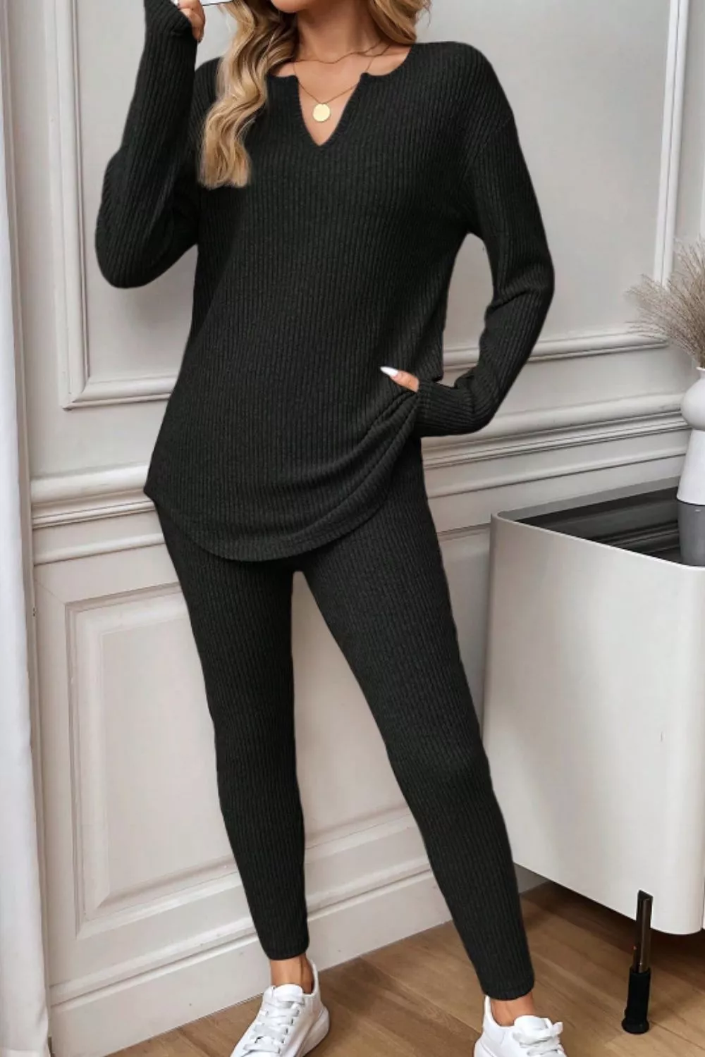 Notched Long Sleeve Top & Pants Set
