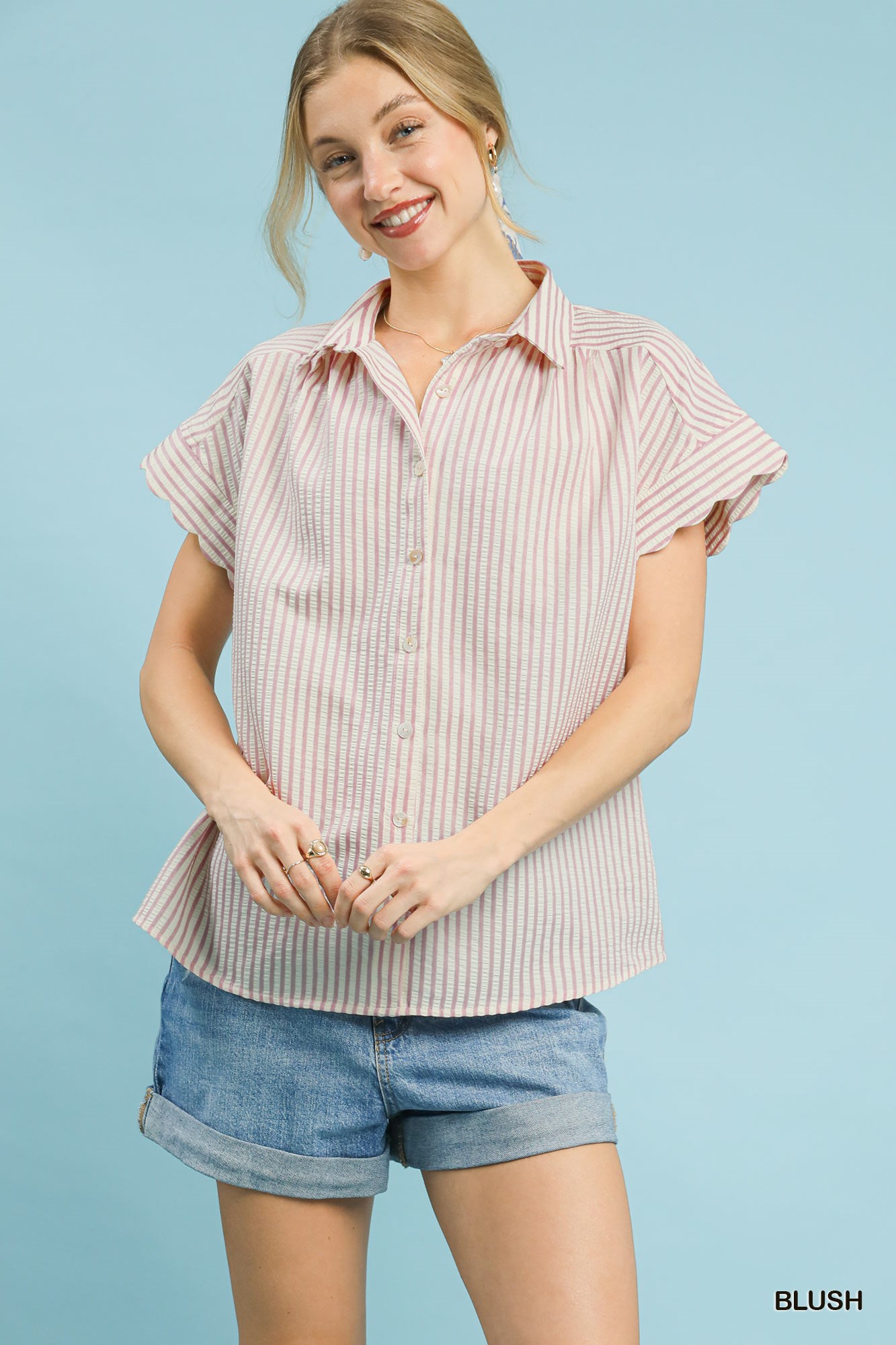 Umgee Striped Button-Down Top With Scallop Sleeves