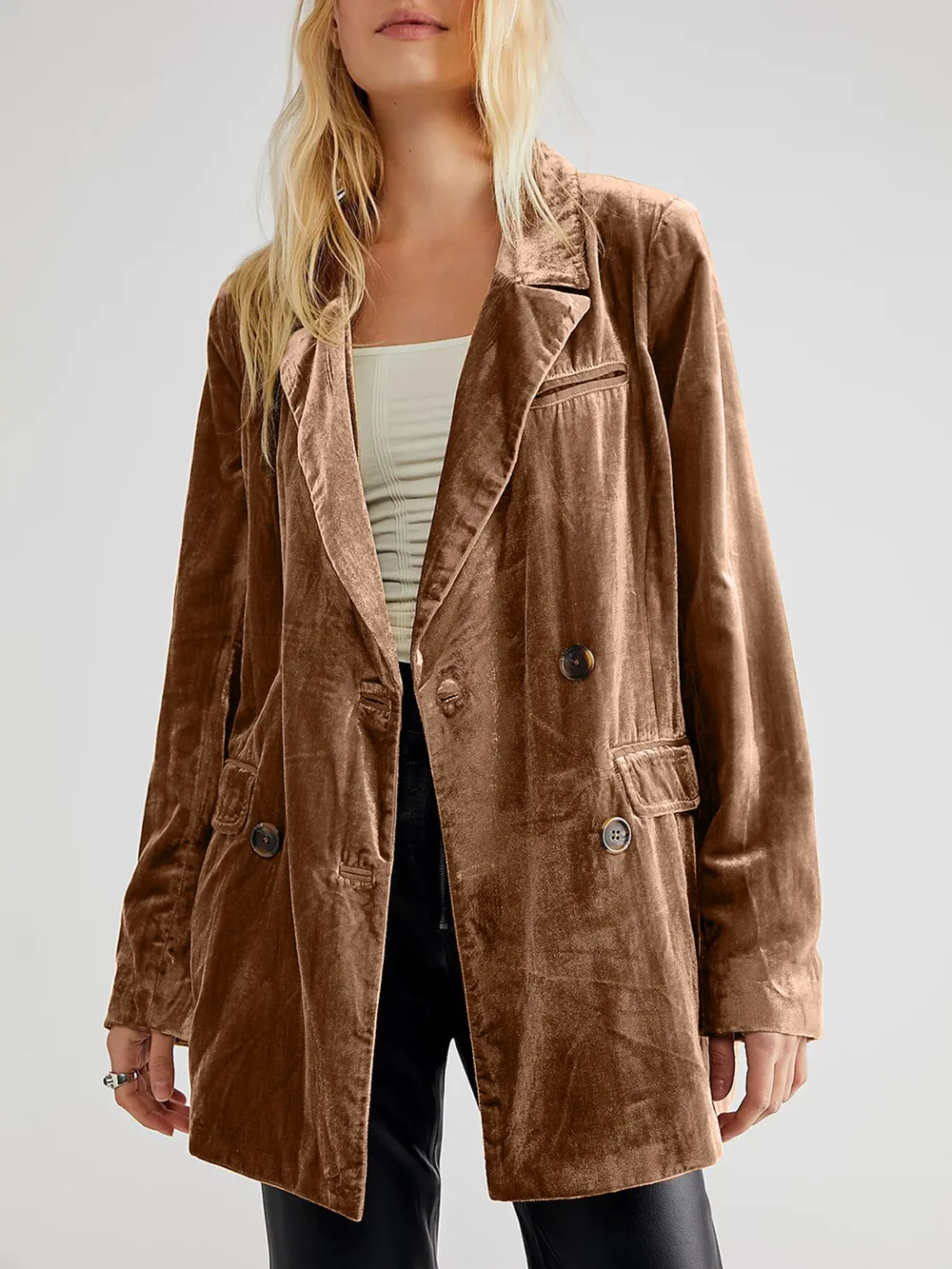 Lapel Collar Long Sleeve Blazer With Pockets