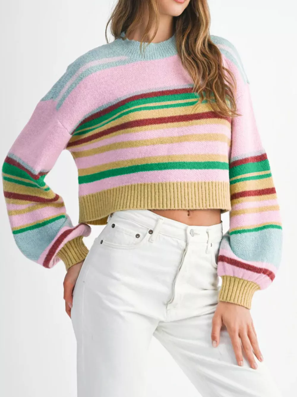 Multicolour Striped Knit Ribbed Trim Boxy Fit Cropped Sweater