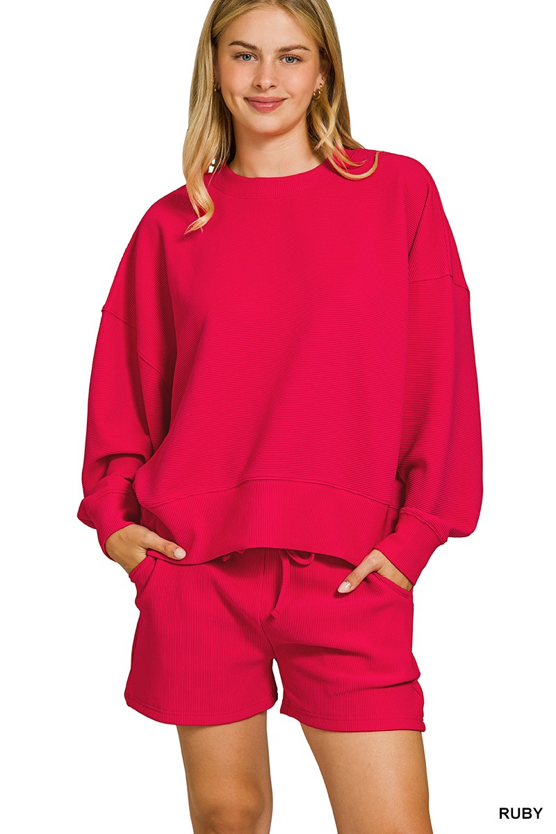 Zenana Ribbed Round Neck Pullover and Shorts Set