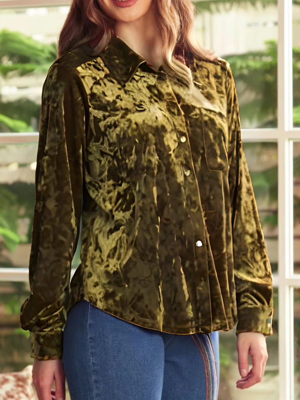 Velvet Button-Down Long Sleeve Shirt