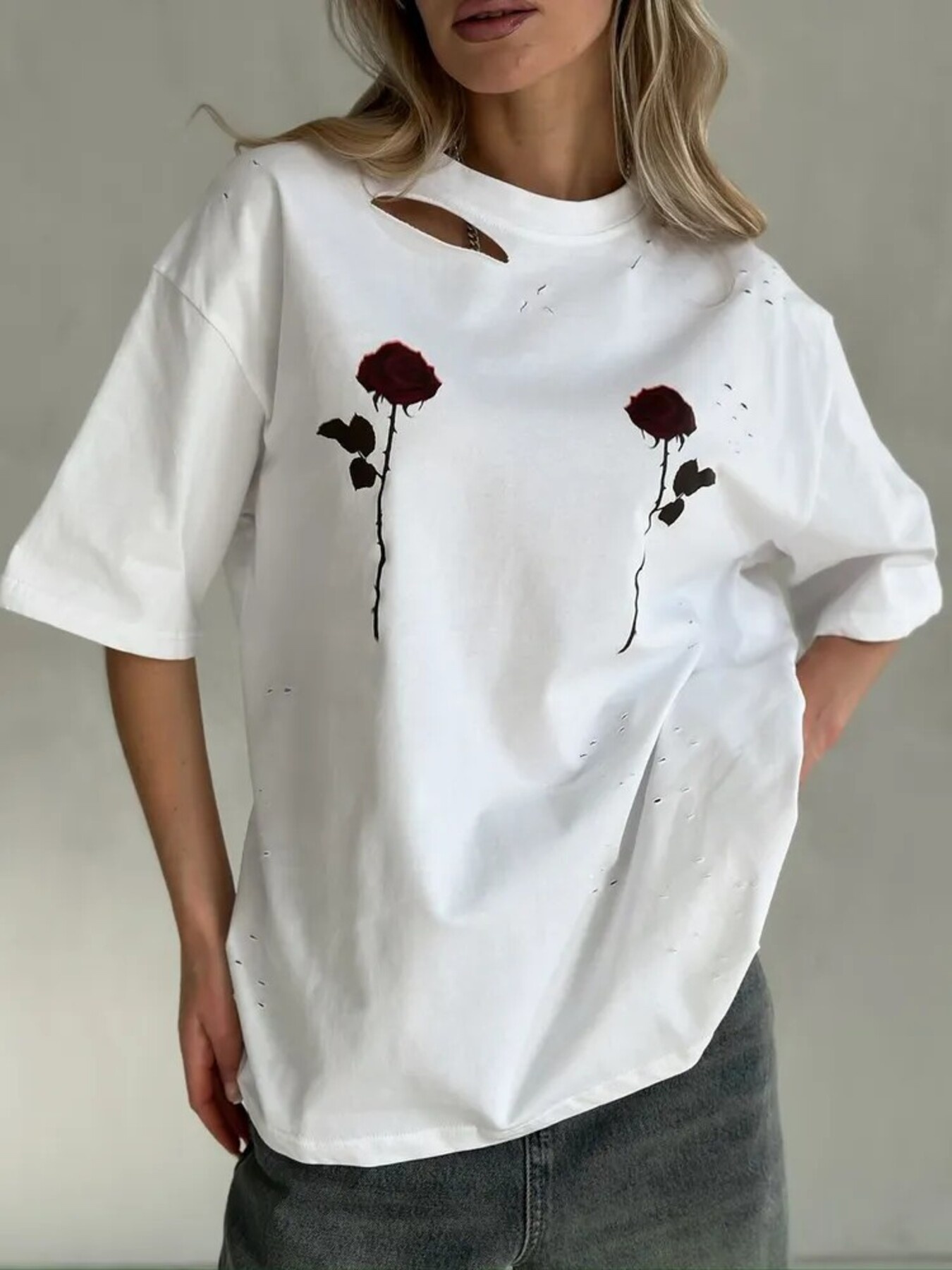 Rose Distressed Round Neck Oversized T-Shirt