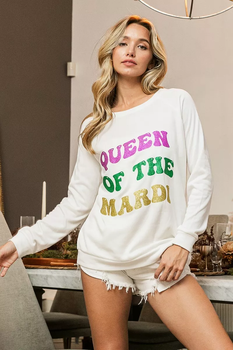 BiBi Queen Of Mardi Glitter Print Mardi Gras Sweatshirt