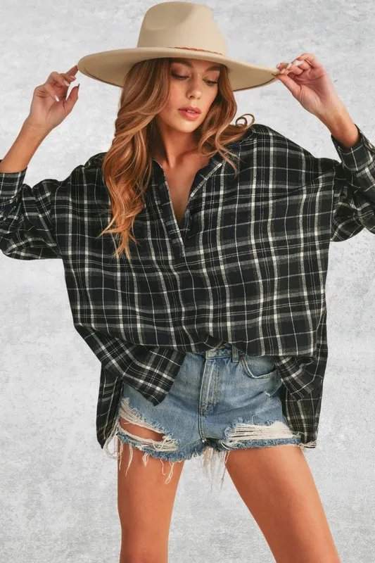 Aemi + Co Side Slit High-Low Plaid Long Sleeve Polo Shirt