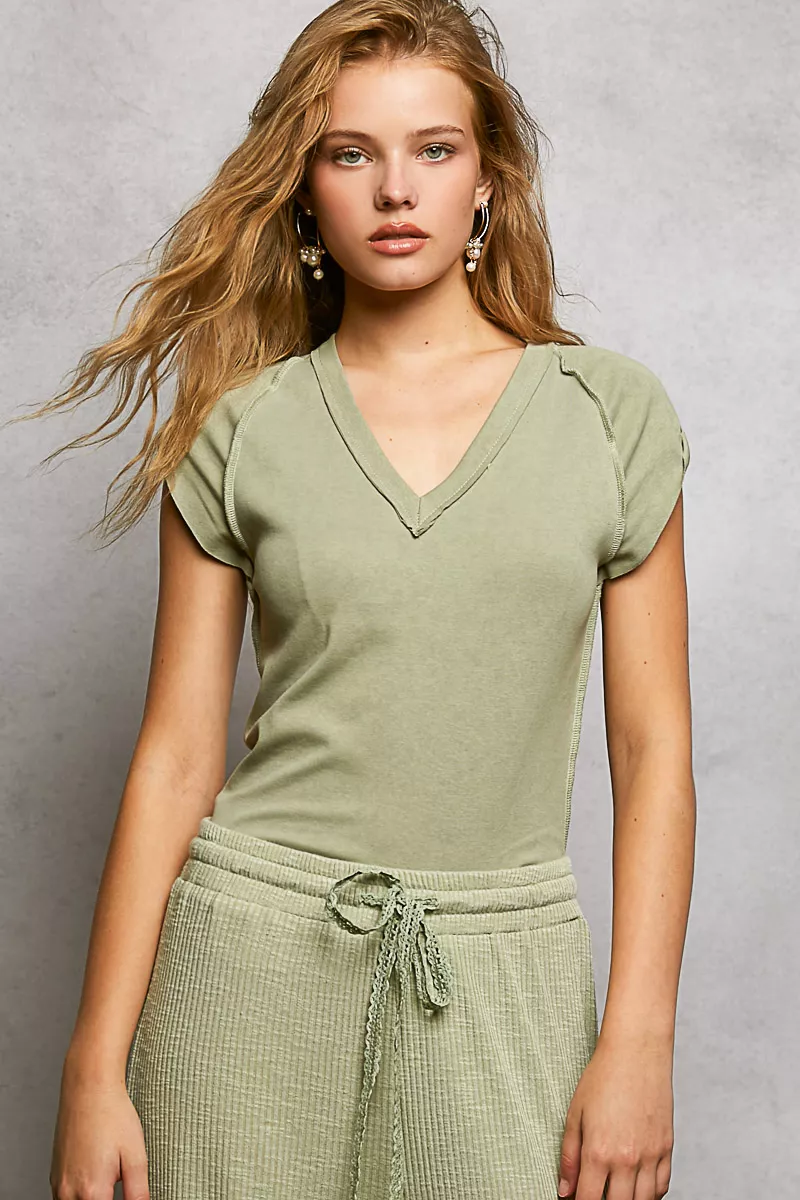 Pol V-Neck Short Sleeve Washed T-Shirt With Outseam