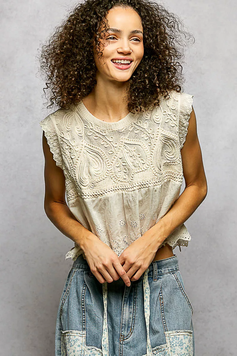 POL Round Neck Sleeveless Crochet Flowy Fit Top