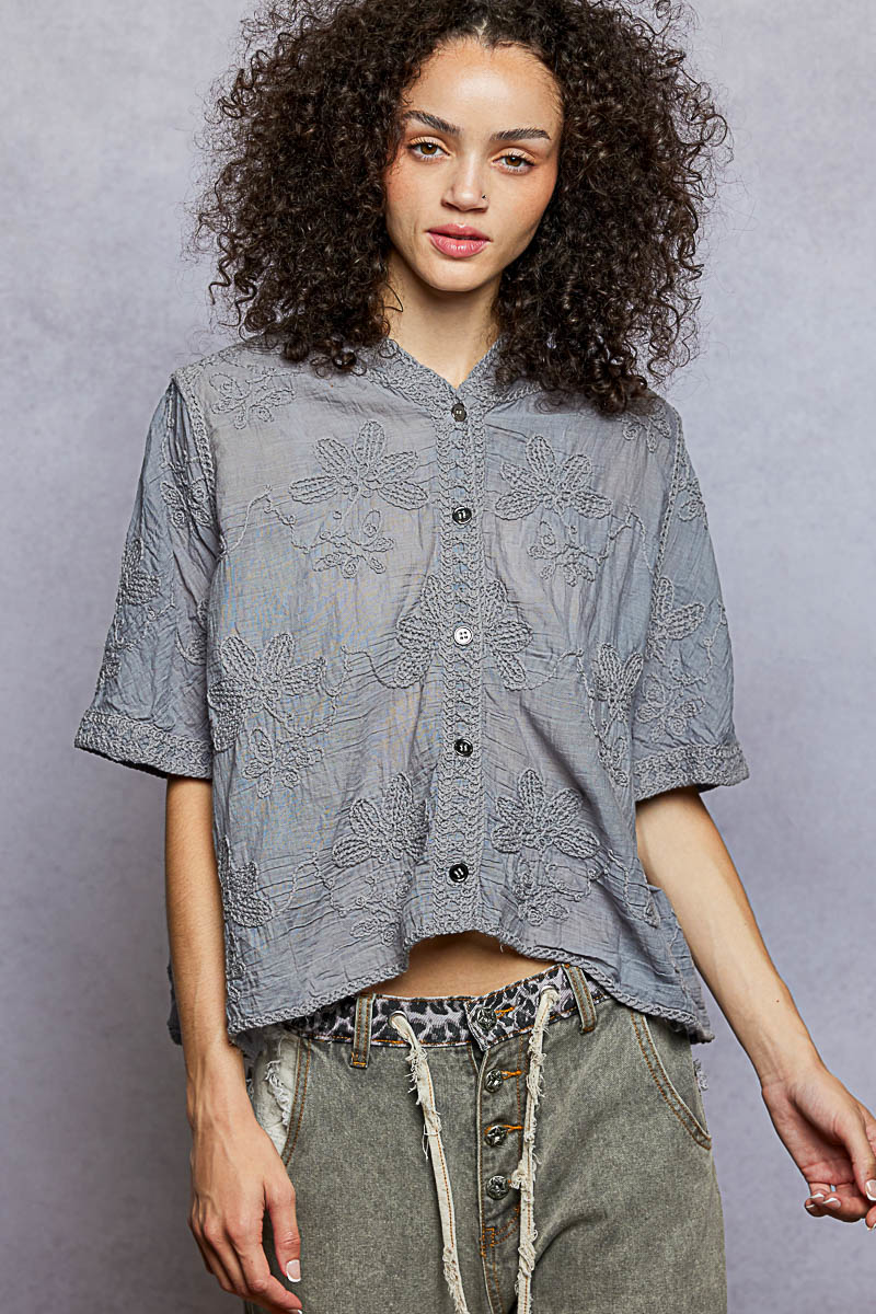 POL Button Front Floral Stitching Breathable Hooded Shirt
