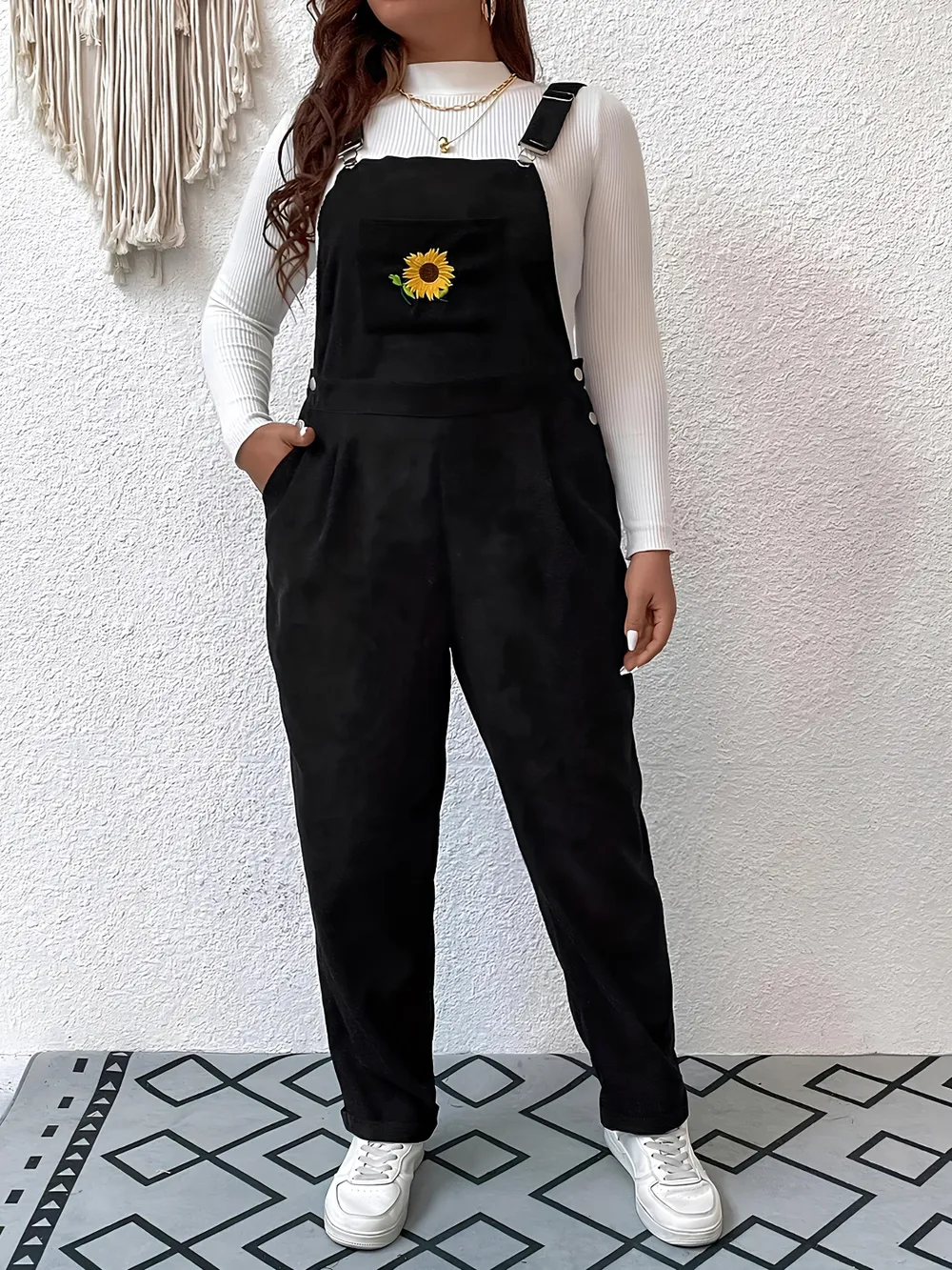 Embroidered Sunflower Wide Strap Overalls with Pockets