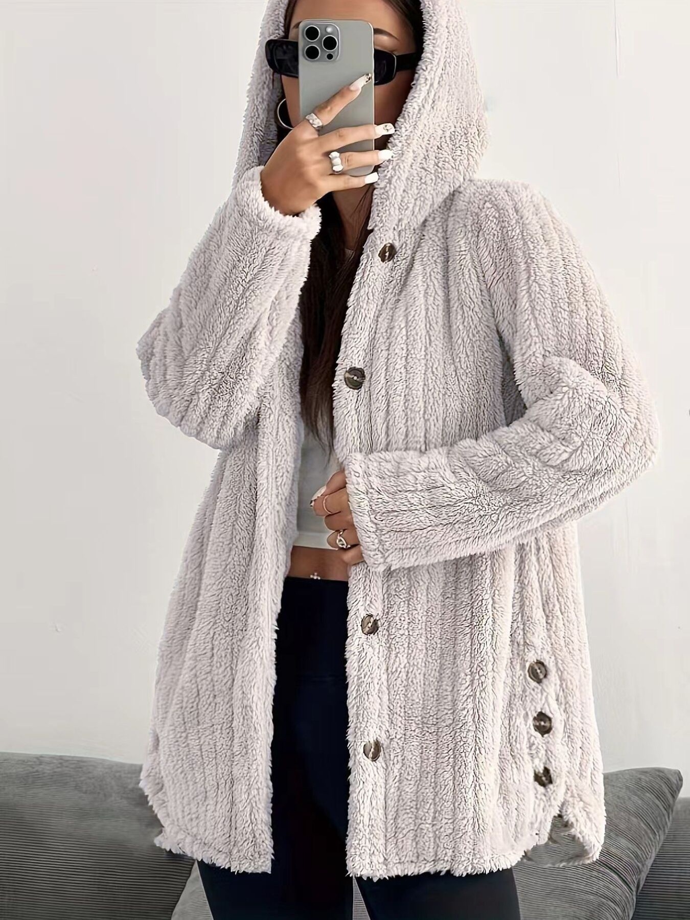 Full Size Fleece Button Up Hooded Outerwear Plus Size