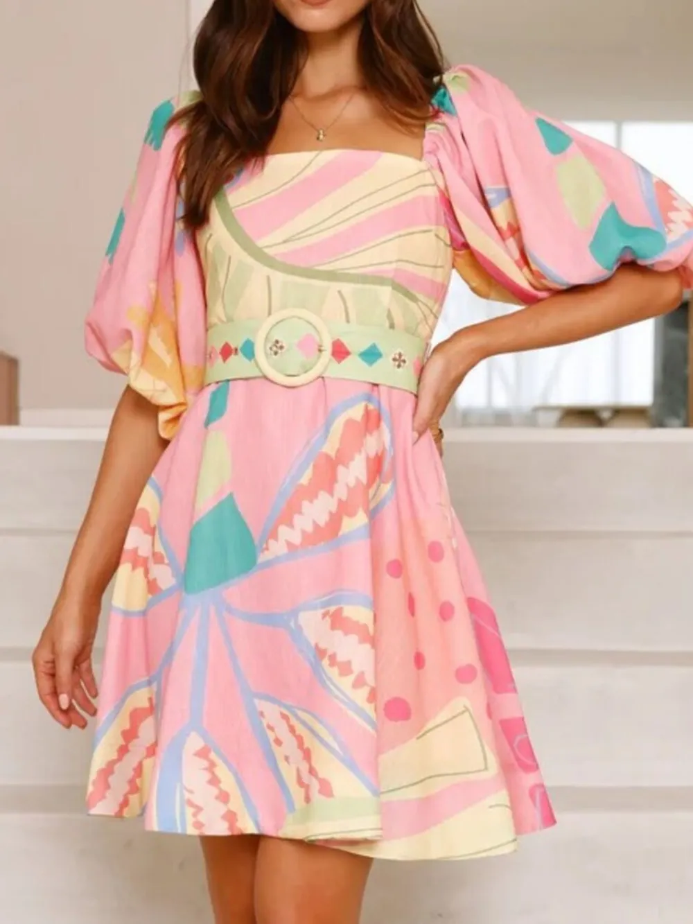 Printed Square Neck Puff Sleeve Dress