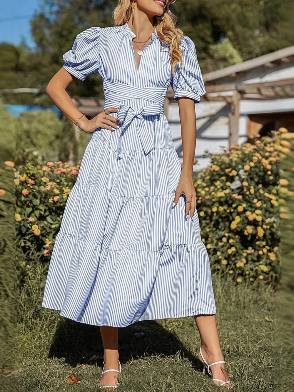 Tiered Striped Puff Sleeve Midi Dress