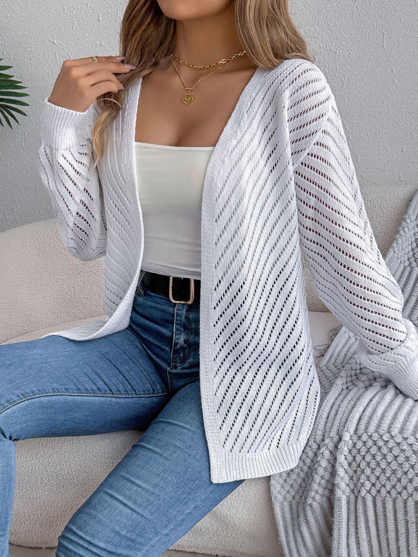 Openwork Open-Front Long Sleeve Cardigan