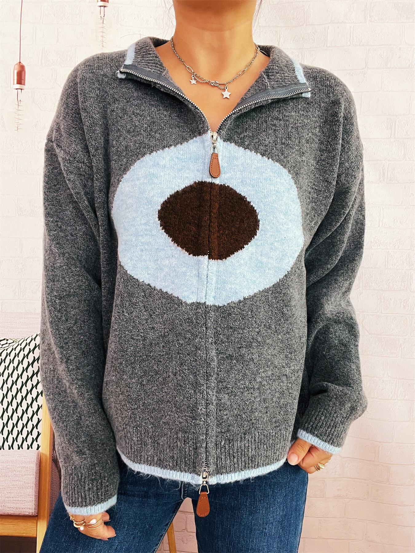 Zip-Up Contrast Trim Cardigan