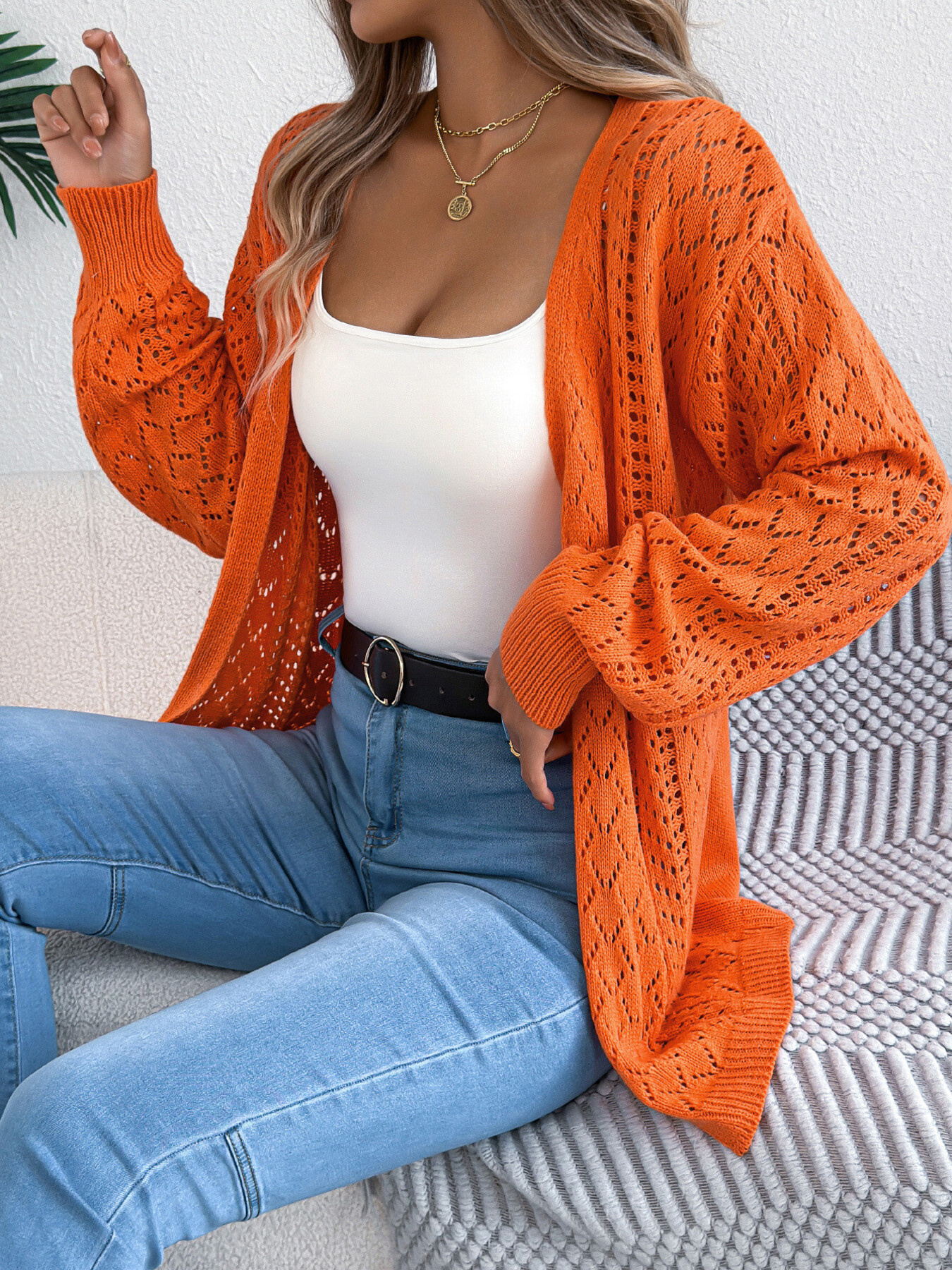 Openwork Open-Front Long Sleeve Cardigan