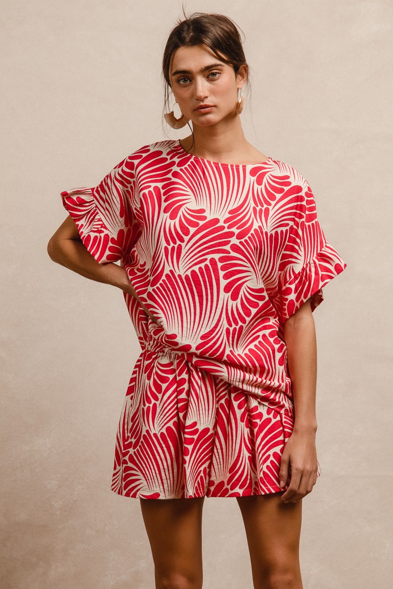 BiBi Print Woven Ruffled Sleeves Top