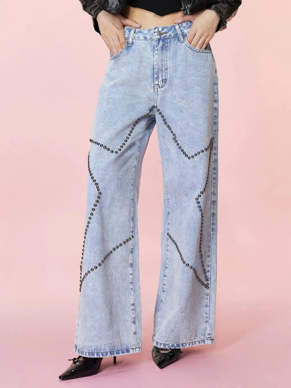 Studded Star Straight Jeans With Pockets