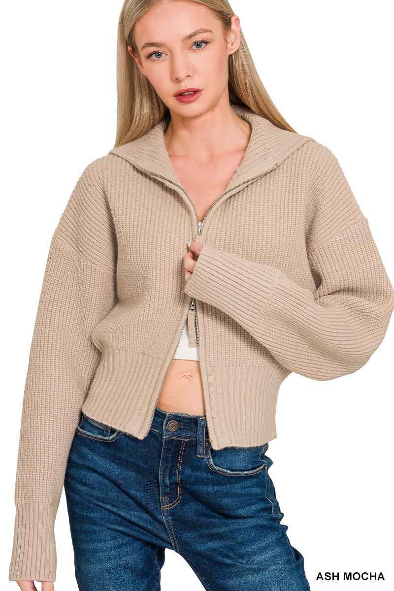 Zenana Ribbed Collared Zip Up Sweater Cardigan
