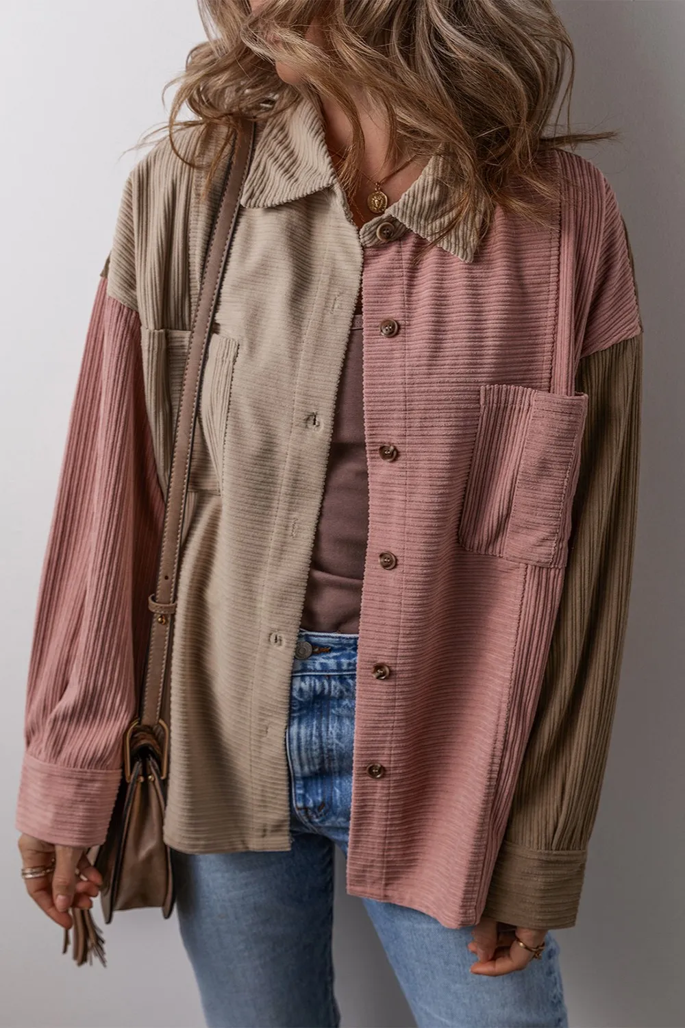Button Up Color Block Long Sleeve Shacket