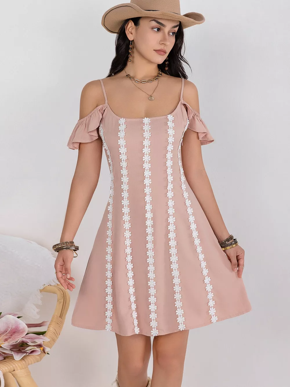 Floral Lace Trim Cold Shoulder A-Line Dress