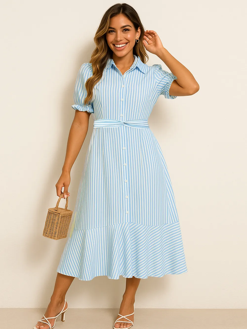 Striped Button-Down Midi Shirt Dress with Ruffle Sleeves