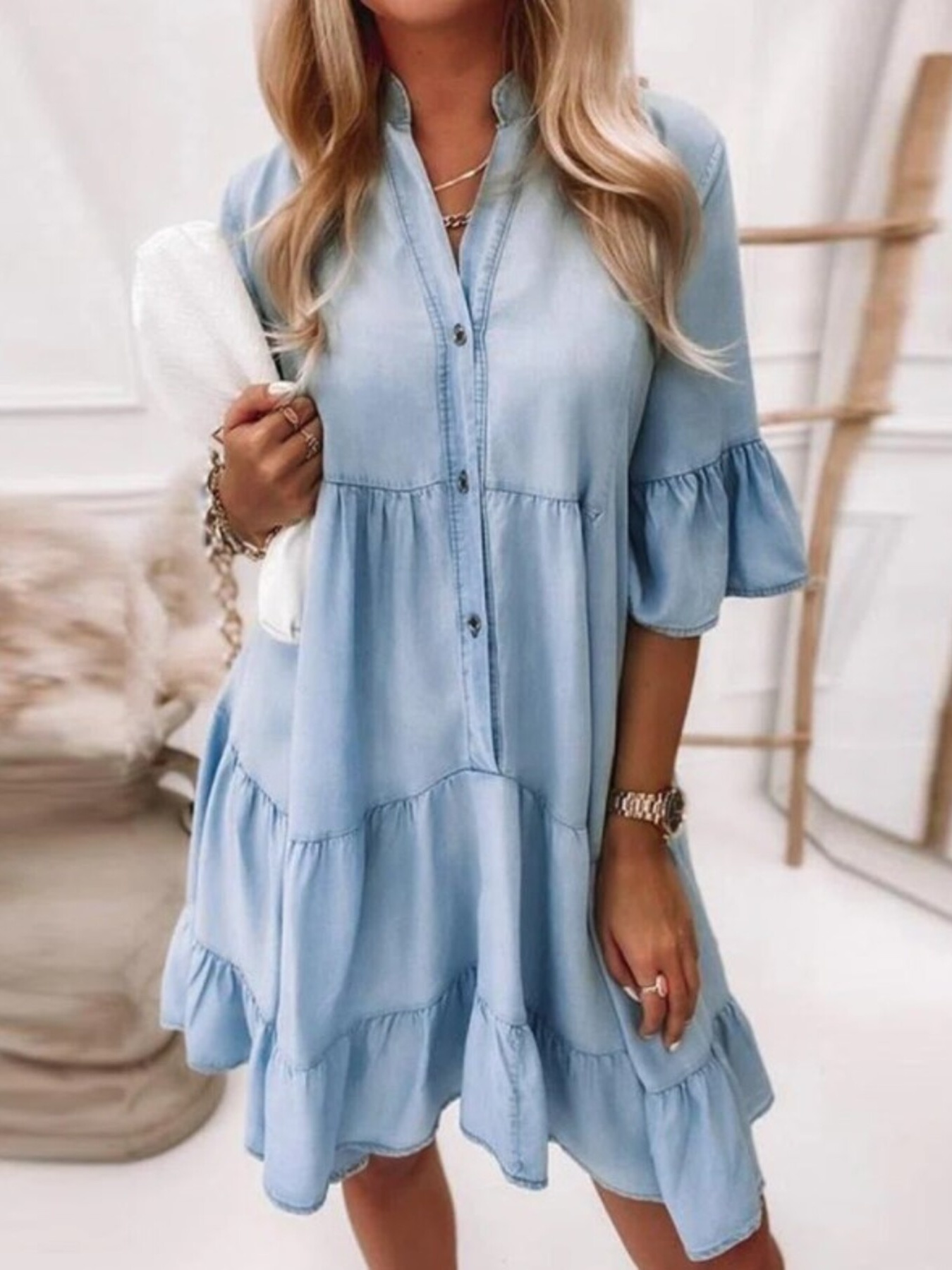 Ruffled Sleeve Button Front Mini Dress