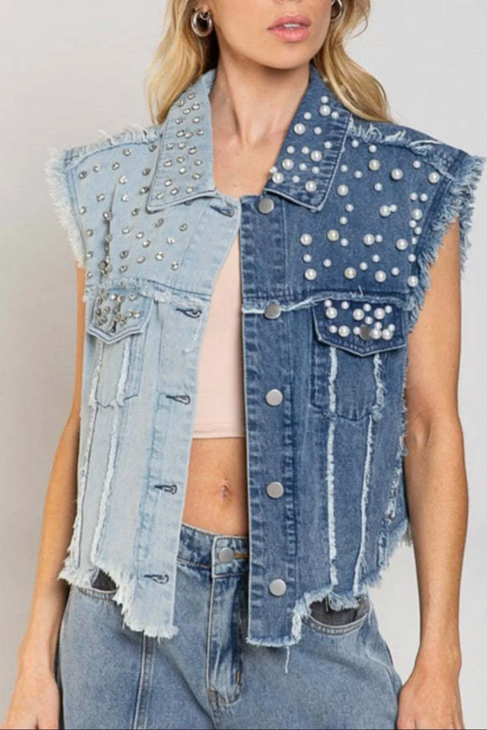 Pearl Detail Raw Hem Button Up Denim Vest
