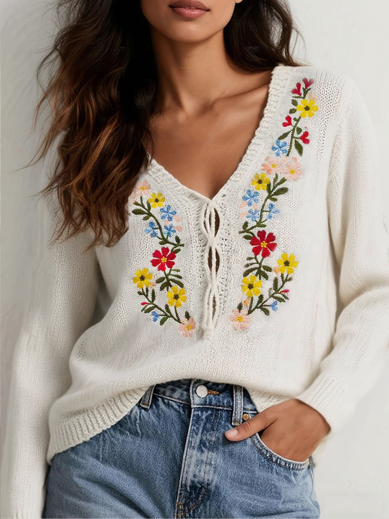 Floral Embroidered V-Neck Sweater