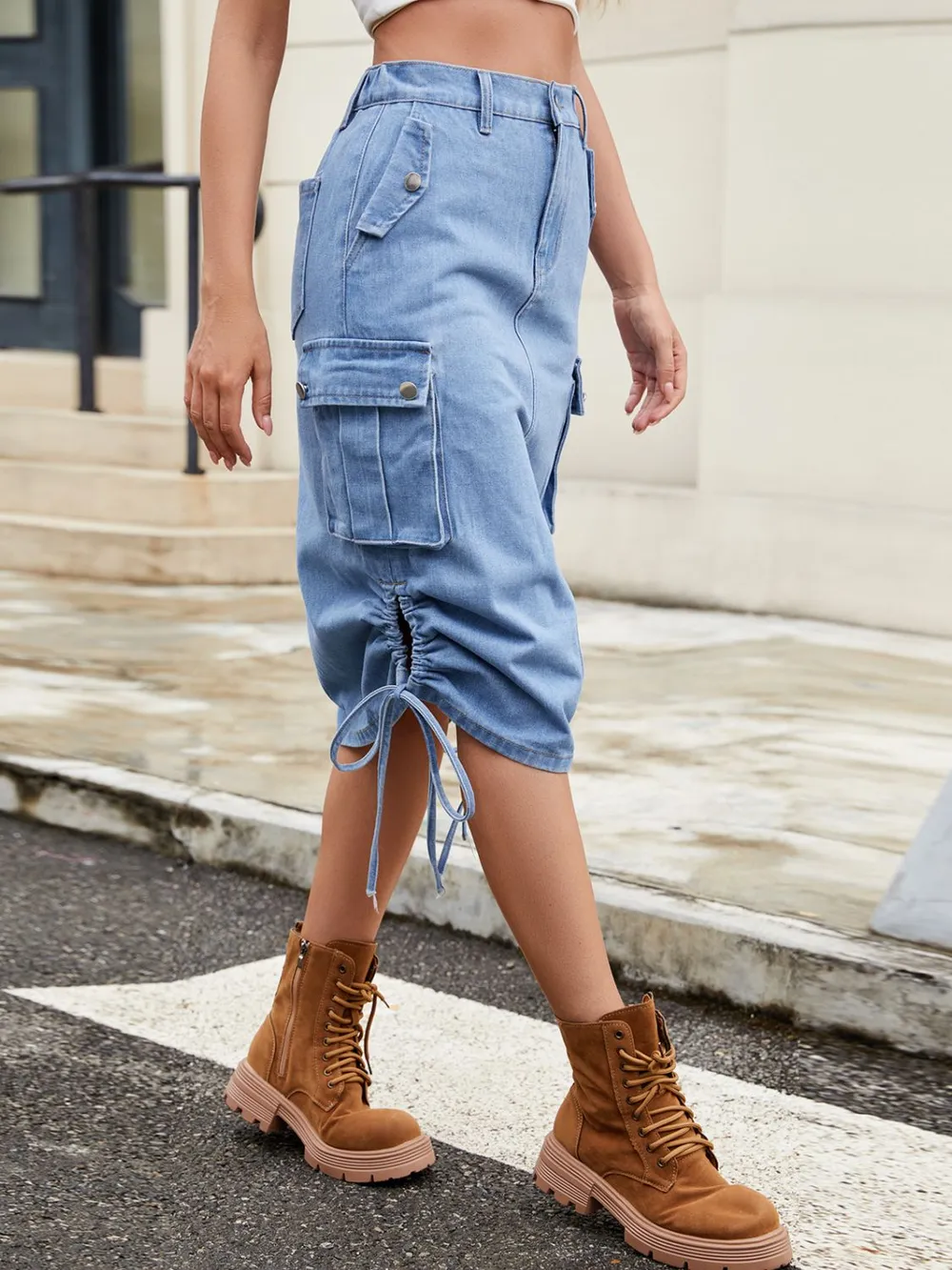 Drawstring Denim Skirt with Cargo Pockets