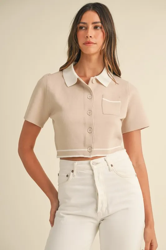 MABLE Button Down Contrast Collared Knit Cardigan