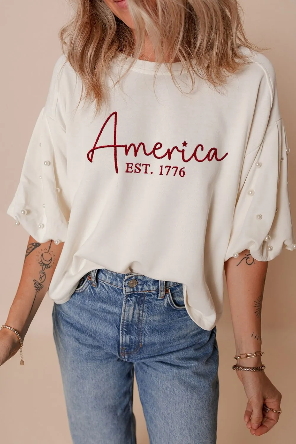 America Est 1776 Embroidered Pearl Beaded Sleeve T Shirt