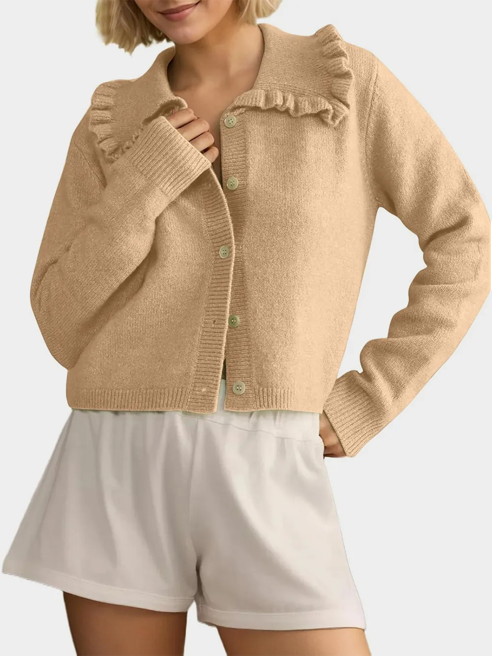 Button Up Long Sleeve Cardigan With Peter Pan Collar
