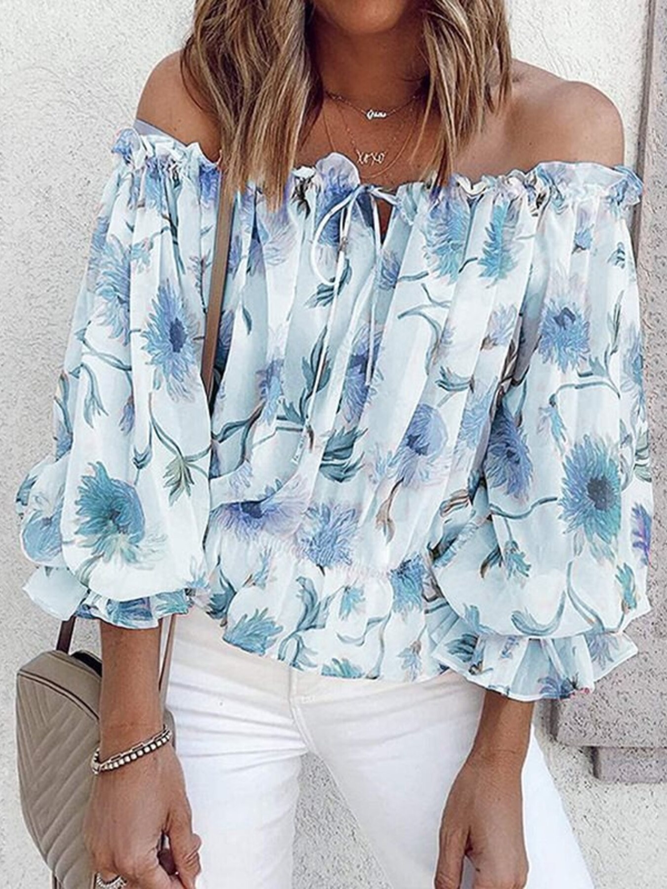 Off-Shoulder Floral Print Blouse