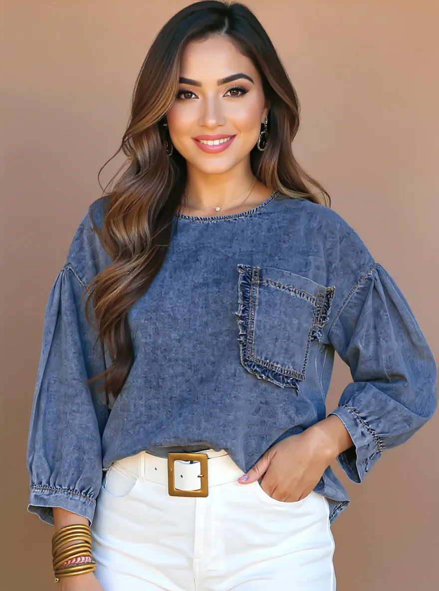3/4 Sleeve Ruffled Patched Pocket Denim Blouse