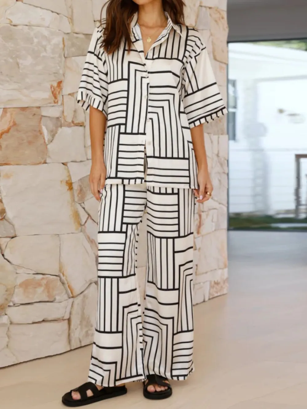 Button Down Half Sleeve Top and Pants Set
