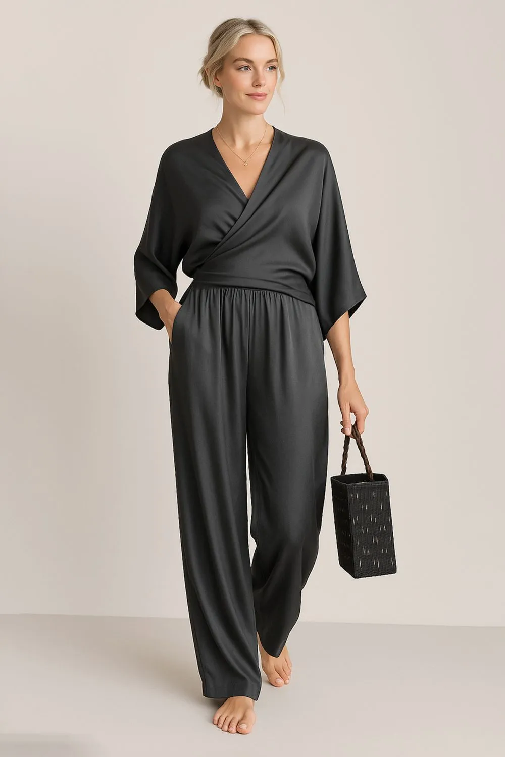 Full Size Wrap Surplice Top and Pants Set Plus Size