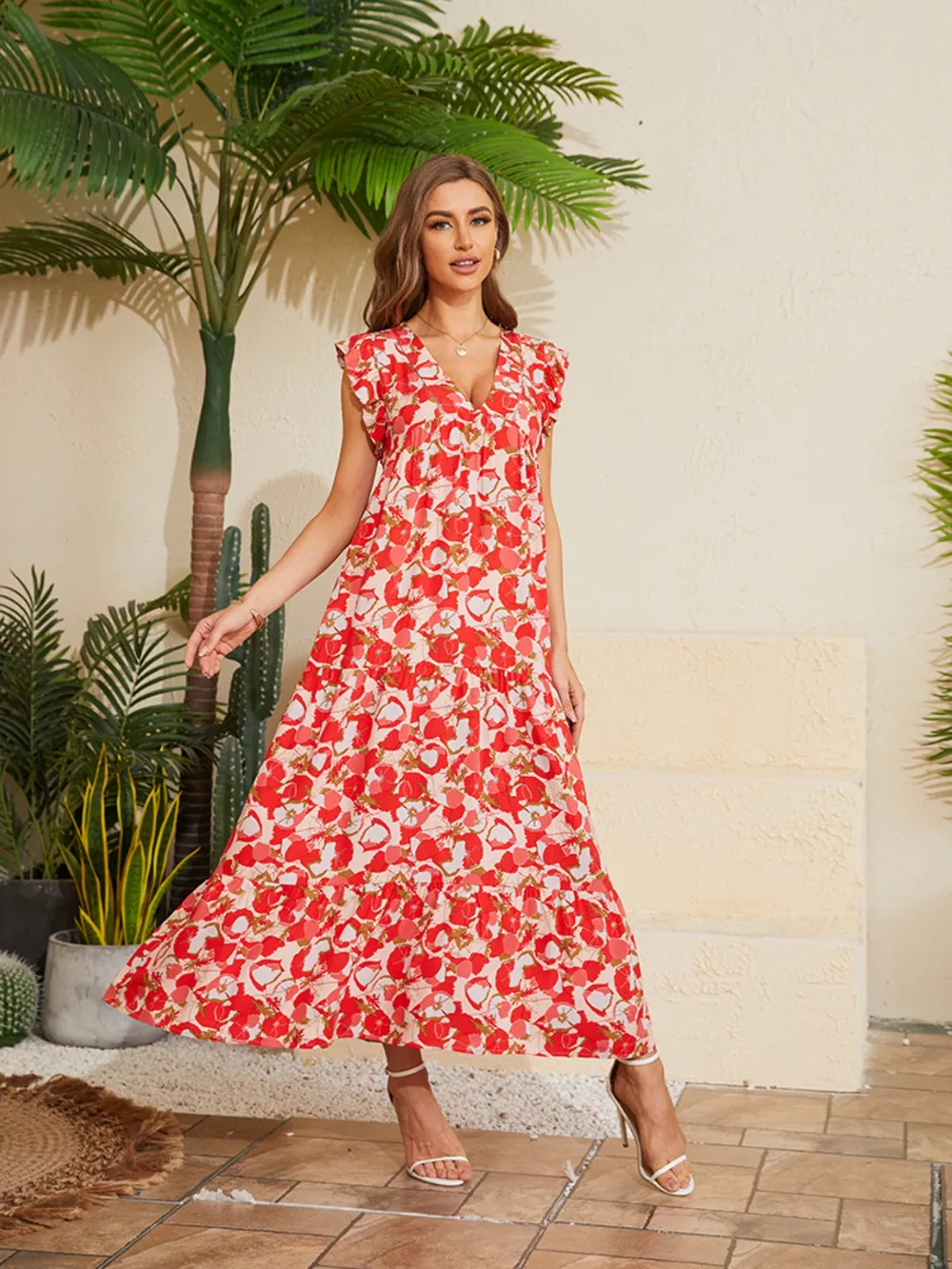 Floral V-Neck Cap Sleeve Summer Dress