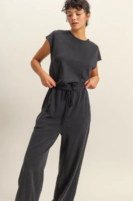 HYFVE Back Keyhole Round Neck Cap Sleeve Drawstring Jumpsuit