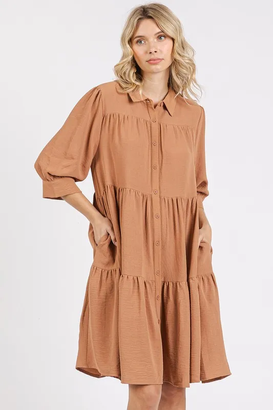 Mittoshop Button Detail Collared Neck Tiered Shirt Dress