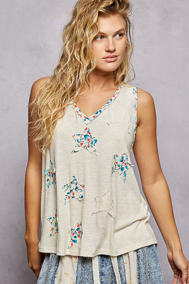 POL Floral Print Star Patch V-Neck Ribbed Tank
