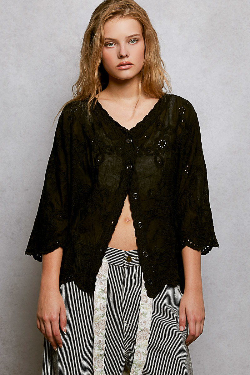 POL Floral Eyelet V-Neck Salloped Shirt