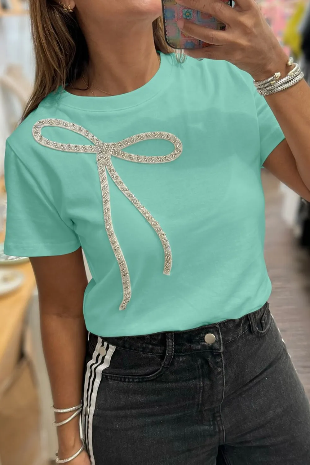 Bow Round Neck Short Sleeve T-Shirt