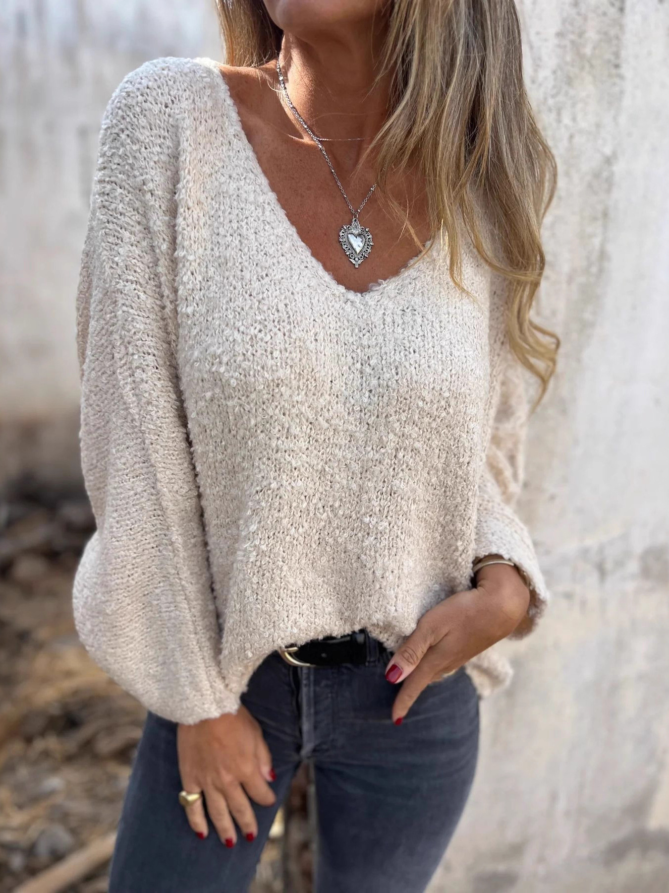 Full Size V-Neck Long Sleeve Sweater Plus Size