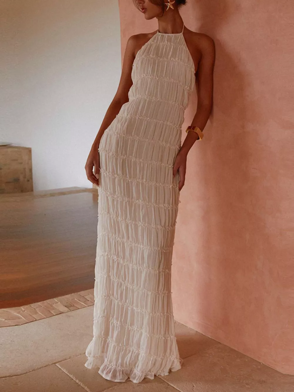 Ruched Halter Neck Maxi Dress