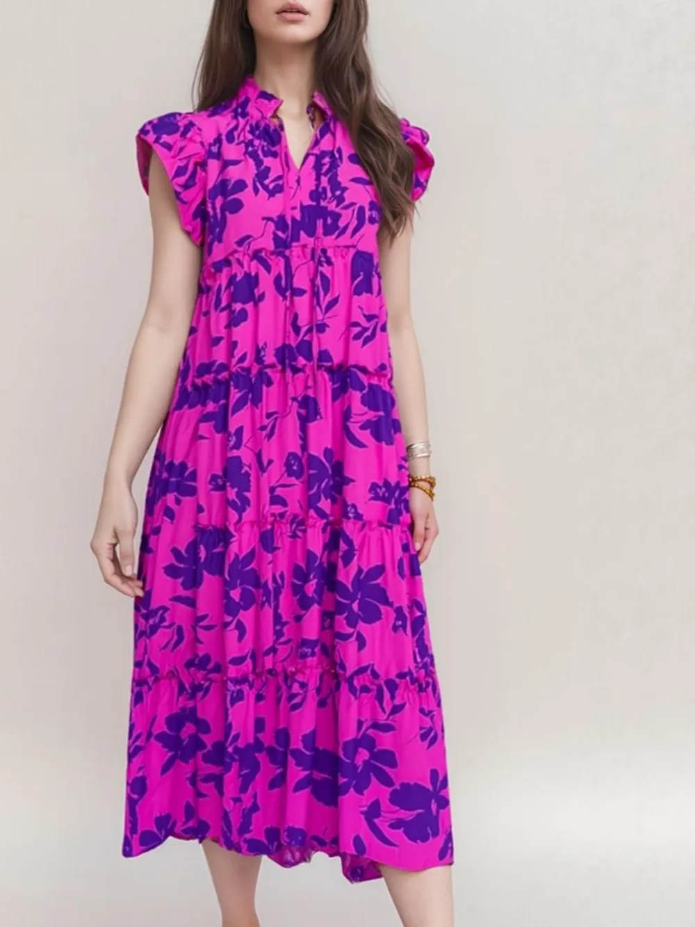 Oh Full Size Ruffled Printed Notched Cap Sleeve Midi Dress